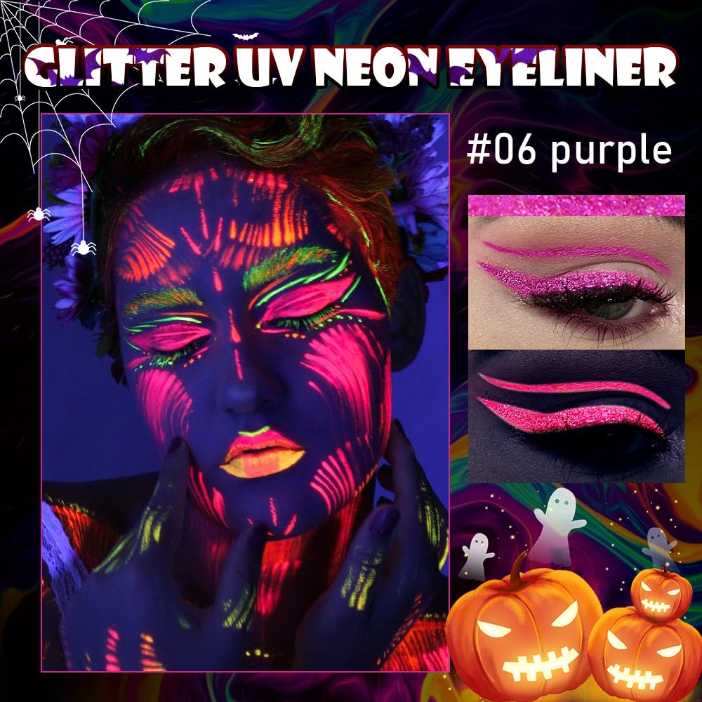 evpct Purple Shimmer Eyeliner UV Neon Gel Eyeliner Pencil Makeup, Rainbow Halloween Colored Colorful Gel Eye Liner Pen Glow in Dark Makeup, Long Lasting Waterproof Eyeliners for Face Body Painting