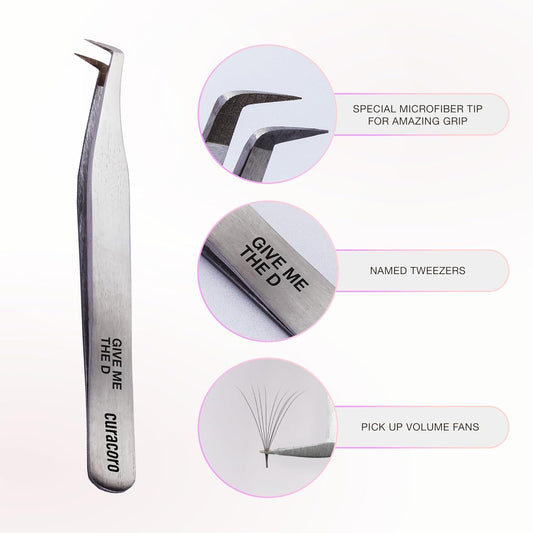 Curacoro Lash Tweezer - Professional & Precision Fiber Tip Grip Lash Tweezers for Eyelash Extensions, Multi Shapes & Purposes Tweezers for Volume, Isolation & Classic Lashes (Silver, Give Me the D)