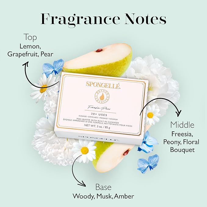SPONGELLÉ Freesia Pear Pedi-Buffer with Built-In Cleanser - Exfoliates, Softens & Smooths Feet for Spa-Like Pedicure Experience, 30+ Uses