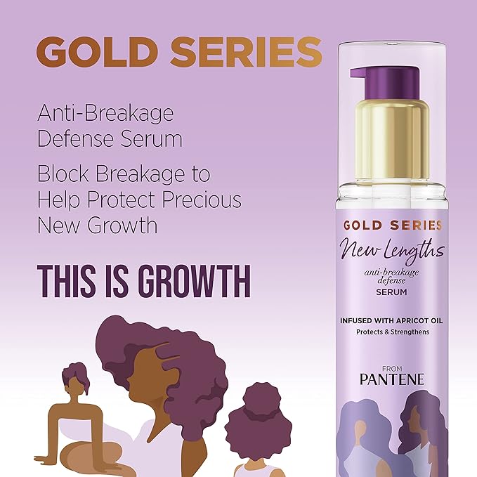 Pantene Gold Series New Lengths Anti-Breakage Defense Serum, Infused with Apricot Oil, Protects & Strengthens, for Natural, Textured, Curly, Coily Hair, Sulfate Free, 3 Fl Oz