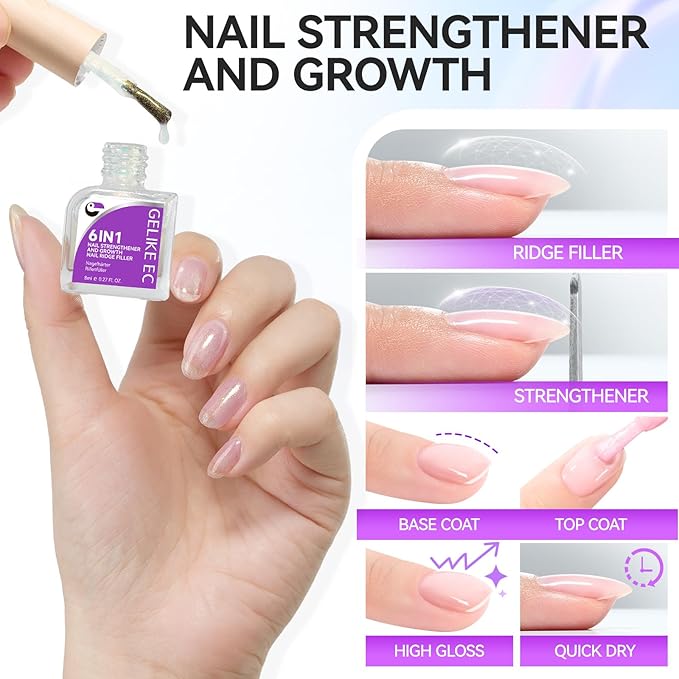 Women Nail Strengthener Protein for Daily: Glittering Pearl Gelike EC 6 in 1 Nail Treatment for Weak and Damaged Nails Everyday - Nail Polish Hardener for Home Salon Travel Spa Gift