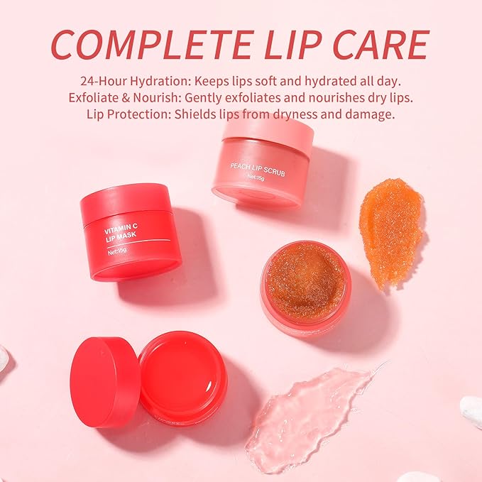 Cherry Lip Mask+Peach Lip Scrub for Women Dry, Cracked and Dark Lips – Lip Scrubber Exfoliator and Organic Lip Scrubs Exfoliator and Moisturizer with Lip Brush – Vegan, Cruelty-Free Lip Care Products