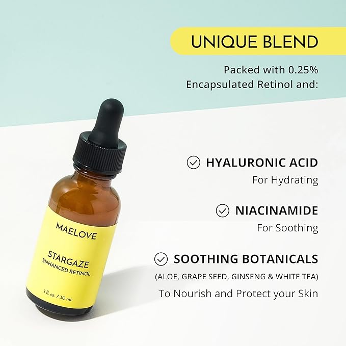 MAELOVE Stargaze Enhanced Retinol Serum, Time-Released 0.25% Retinol for Radiant Skin, Hydrating with Hyaluronic Acid, Niacinamide, Soothing Botanicals, Ideal for Sensitive Skin, USA Made