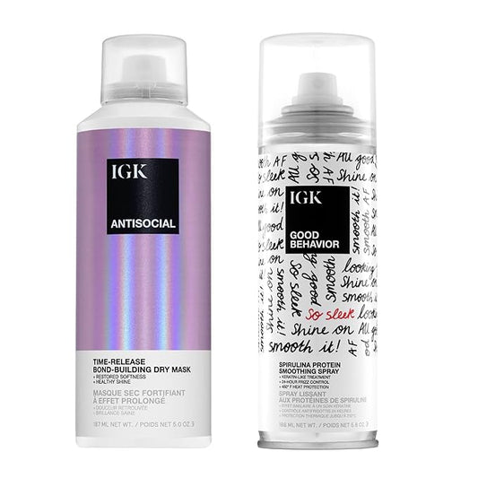 IGK Hair Treatment Full Size Set | Antisocial Dry Hair Mask + Good Behavior Spirulina Spray | Overnight Bond-Building + Keratin Like Smoothing Spray | Vegan + Cruelty-Free | Set of 2