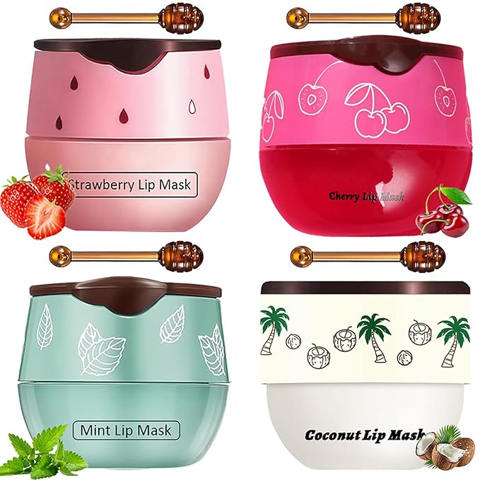 4 PCS Bee Lip Balm Lip Mask Honey Pot, Strawberry Cherry Coconut Mint Moisturizing Sleeping Lip Mask Overnight with Sticks, Lip Balm Exfoliating Prevention Dry and Crack Lip Scrubs