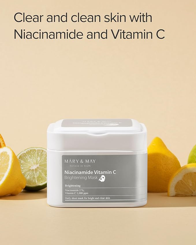 Mary&May Niacinamide Vitamin C Daily Mask - Quick Dispenser Type Korean Face Mask Sheet for Radiance Clear Skin - Dark Spot Correction and Luminous Skin - Hypoallergenic and Eco-Friendly, 30 Sheets
