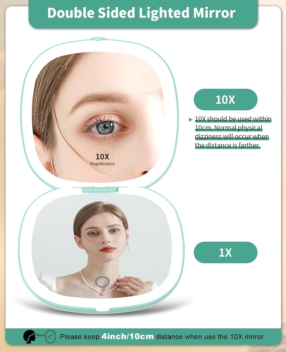 WOBSION Rechargeable Lighted Travel Makeup Mirror,1x/10x Compact Magnifying Mirror with Lights,Portable for Bag,4inch,Gift,Cyan