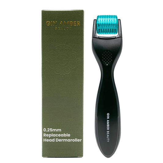 Gin Amber Beauty Derma Roller with Replaceable Head Design – 192 Real individual needles, Micro Needling Roller for Face, Beard, and Scalp Care, 0.25mm Face Roller