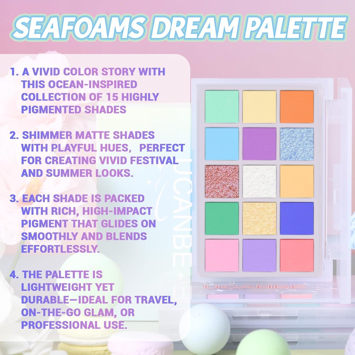 UCANBE Colorful Eyeshadow Palette – 15 Colors Vibrant Matte, Dazzling Shimmer & Glitter Duochrome Finishes – Highly Pigmented, Blendable, Long-Lasting Pastel Rainbow Eye Makeup Pallet - Seaform Dreams