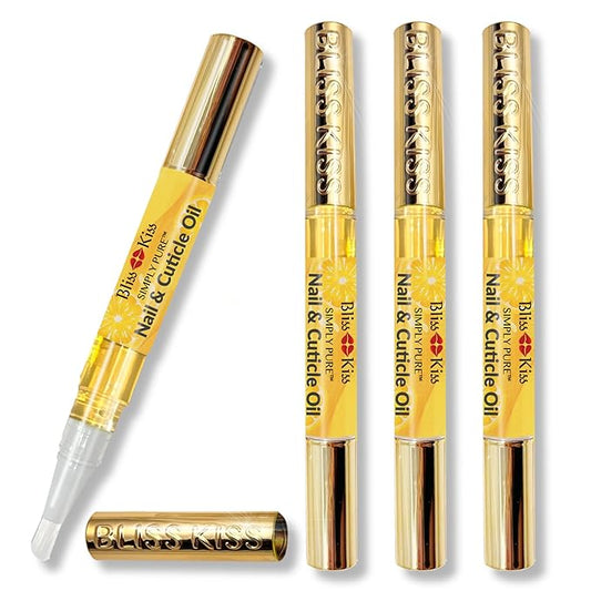 Bliss Kiss | Crisp Fragrance 4 Nail Oil Cuticle Pens w/Vitamin E & Jojoba⏤Nail Strengthener Nail Growth Treatment for Brittle Peeling Breaking Thin Nails