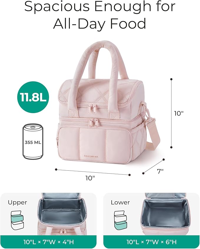 BAGSMART Lunch Bag Women, Double Deck Insulated Lunch Box, Quilted Puffer Lunch Tote, Leakproof, Durable & Reusable Large Lunch Cooler For Work Picnic Travel Meal Prep, Light Blue