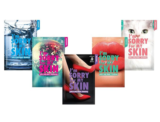 I'M SORRY FOR MY SKIN Jelly Mask Full Set for Skin Stress Relief, Korean Skin Care Travel Essentials Kit, K-Beauty Hydrating Face Mask Sheets, Gifts for Women (pH5.5 Pack of 5)