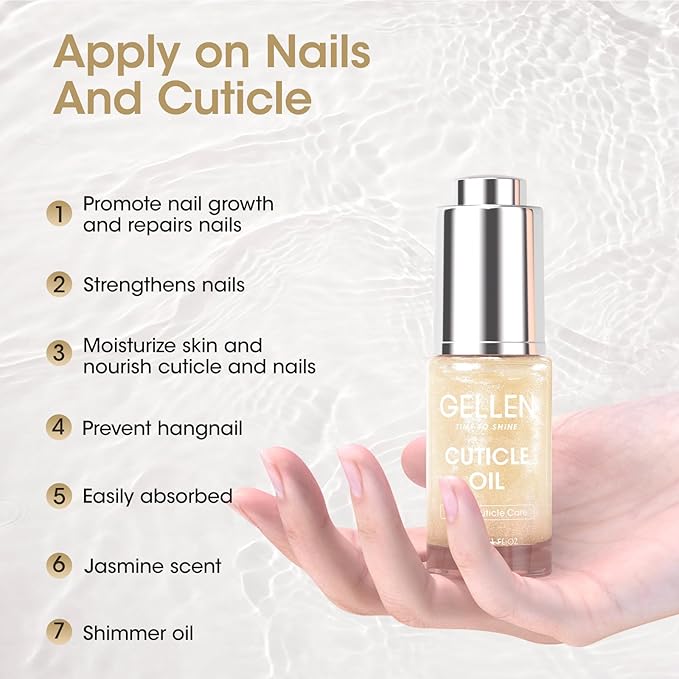 Gellen Nail Cuticle Oil for Growth and Strength, 15ml Vitamin E Nail Nourishing Oil for Hydrating, Moisturizing, Strengthening, Cuticle and Skin Care Product for Men Women, Jasmine Scent, Gold Shimmer