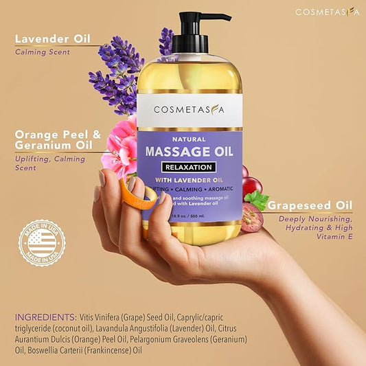 Lavender Relaxation Massage Oil - No Stain 100% Natural Blend of Spa Quality Oils for Soothing, Calming, Aromatic Massage Therapy 16.9 oz by Cosmetasa