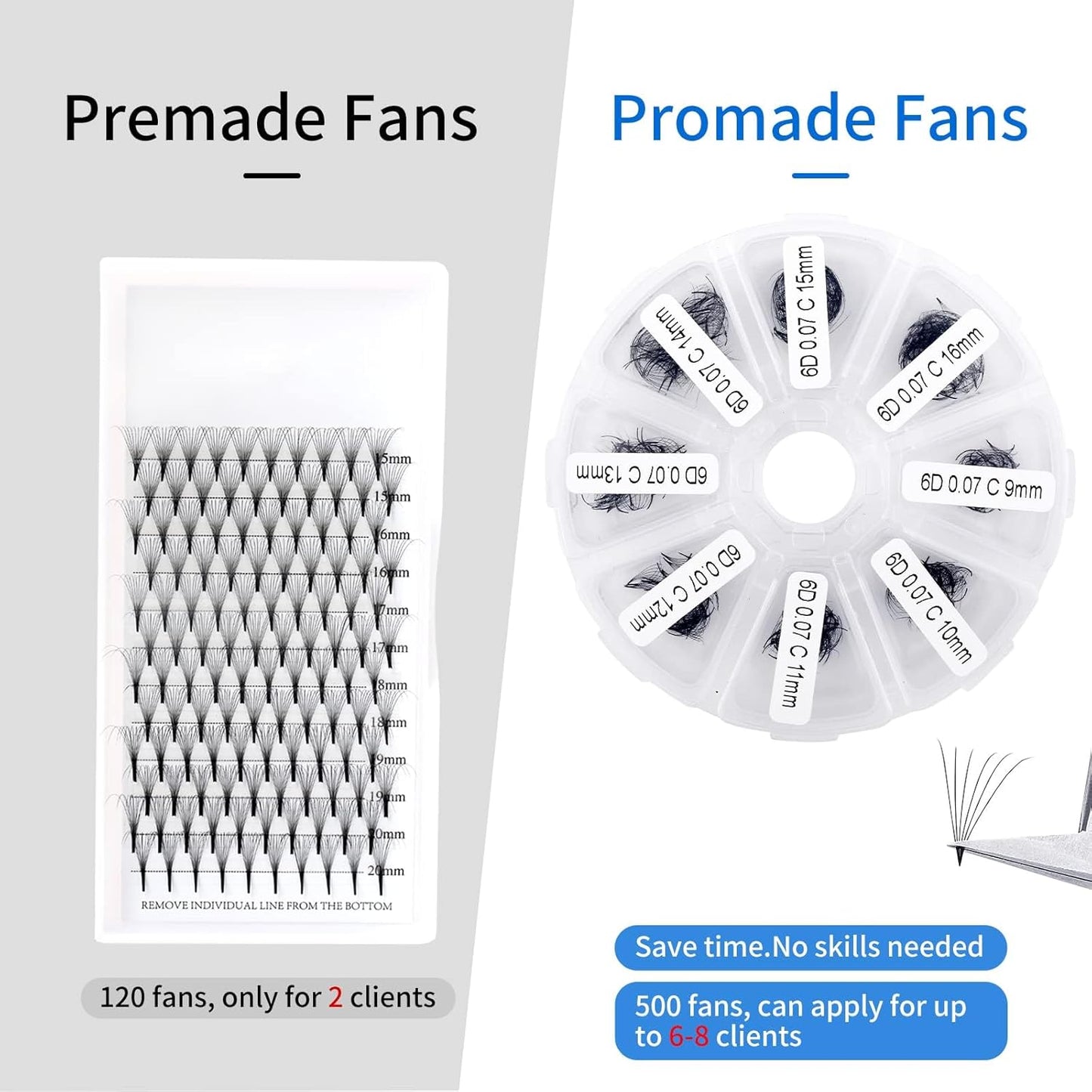 Pre-made Fans Eyelash Extension 500+6D Loose Volume Fans D Curl Premade Volume Fans 9-16mm