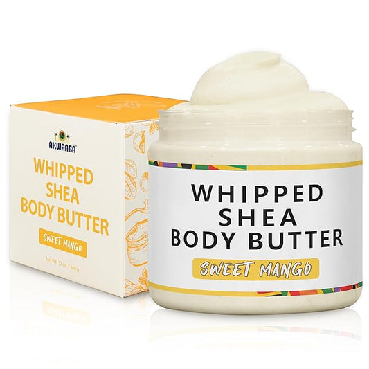 AKWAABA New Whipped Shea Body Butter (Sweet Mango) - Moisturizes, Glows & Softens Skin | Natural Raw Shea Butter | For Dry Skin | 12 oz / 340 g