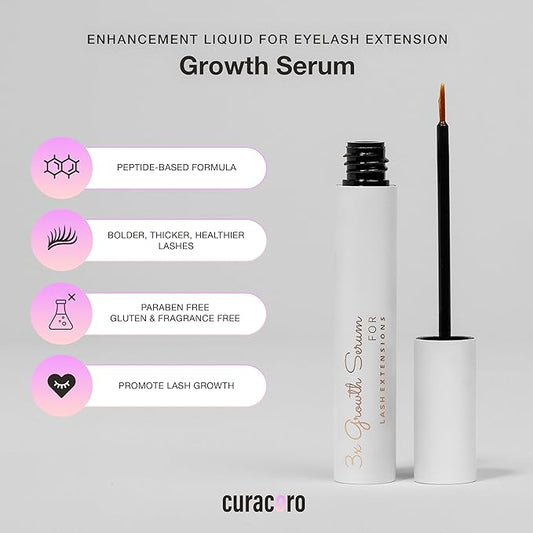 Curacoro 3x Growth Serum For Lash Extension, Peptide Enhancing Solution for Natural Lashes, Lash Extensions & Eyebrows, Eyelash Serum To Grow Lashes Fuller & Longer Looking Eyelashes (5ml)