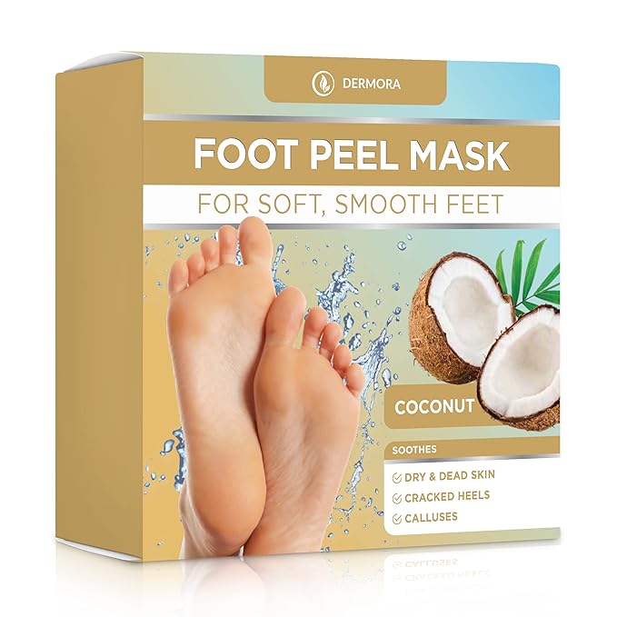 DERMORA Foot Peel Mask - 2 Pack of Regular Size Skin Exfoliating Foot Masks for Dry, Cracked Feet, Callus, Dead Skin Remover for Baby Soft Feet, Coconut Scent