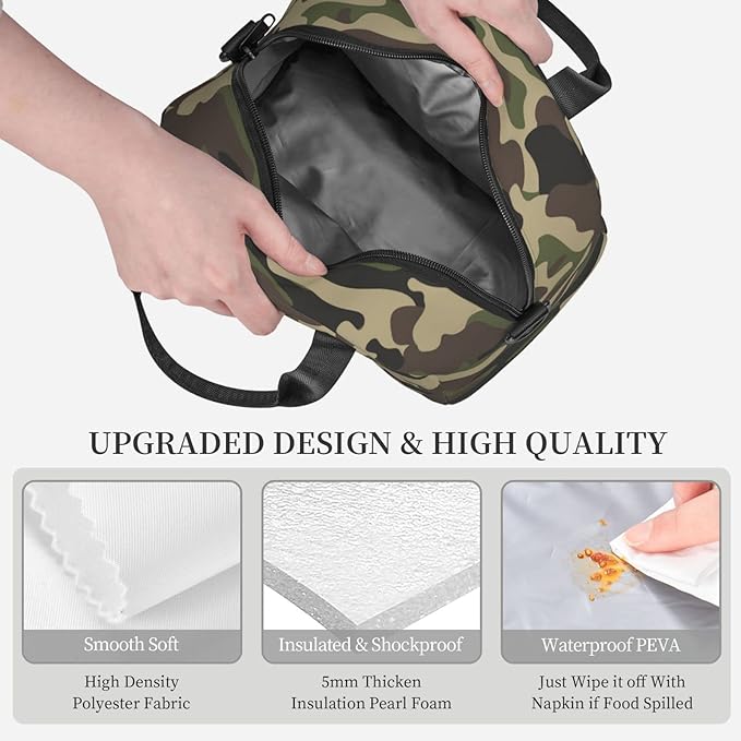 bassyil Camo Insulated Lunch Bag Reusable Lunch Box With Adjustable Shoulder Strap Cooler Tote Bag For Men Women