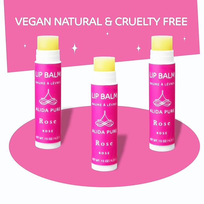 Rose Lip Balm Collection, Vegan Lip Balm Set, Beeswax Free, with Avocado Oil, Organic Jojoba Oil, and Vitamin E, Natural Moisturizer for Dry, Chapped Lips, 3 Tube Set