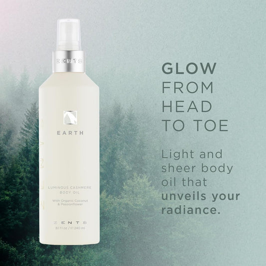 Zents Luminous Cashmere Body Oil (Earth Fragrance) | Moisturizing Body Oil with Vitamin E & Organic Coconut Oil | Softens & Smooths Skin | 8 fl oz