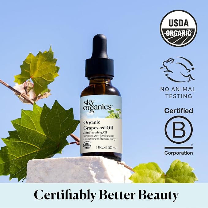 Sky Organics Organic Grapeseed Oil, Skin Smoothing Oil To Support Healthy and Even-Looking Skin Tone and on Face and Body, Suitable for All Skin Types, 100% Pure & Cold-Pressed 1 Fl Oz