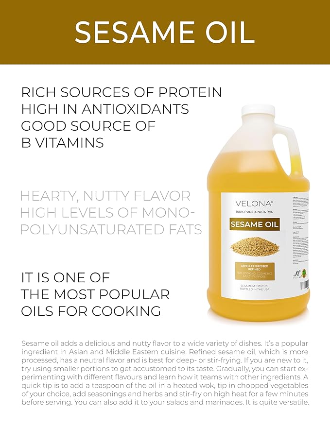 Sesame Seed Oil by Velona - 64 Fl Oz | 100% Pure and Natural Carrier Oil | Refined, Expeller Pressed | Cooking, Skin, Hair, Body & Face Moisturizing | Use Today - Enjoy Results