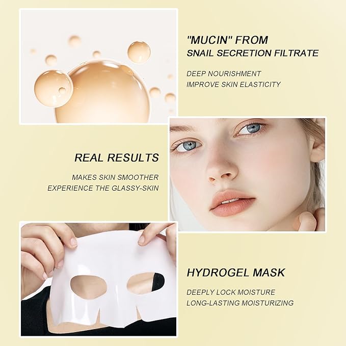 Advanced Snail Mucin Glass-Skin Hydrogel Mask, Collagen Face Mask with Snail Mucin Serum - Self Care, Face Masks for Dry, Sensitive Skin, Collagen Mask Nourish & Soften the Skin, Korean Skin Care 8Pcs