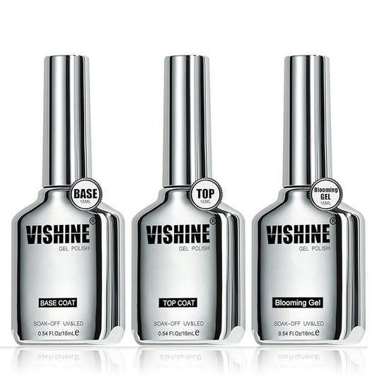 Vishine 3Pcs 16ml No Wipe Gel Base Top Coat Set & Blooming Gel, Shine Finish Top Base Gel Spreading Marble Effect Long Lasting Soak off UV LED Nail Gel Nail Art Design