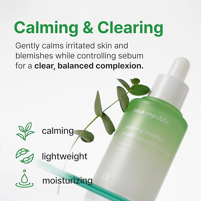 Face Republic Calming Blemish Madecassoside Serum 45ml 1.52 fl oz | Lightweight | Calming, Soothing | Madecassoside, Tea Tree, Centella Asiatica | For irritated skin | Vegan Korean Skin Care