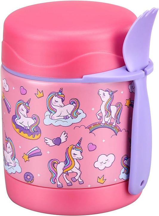 10oz Soup Thermo for Hot Food Kids Insulated Food Jar,Thermo Hot Food Lunch Container, Width Mouth Stainless Steel Lunch Box for Kids with Spoon (Pink-Cute Horse)