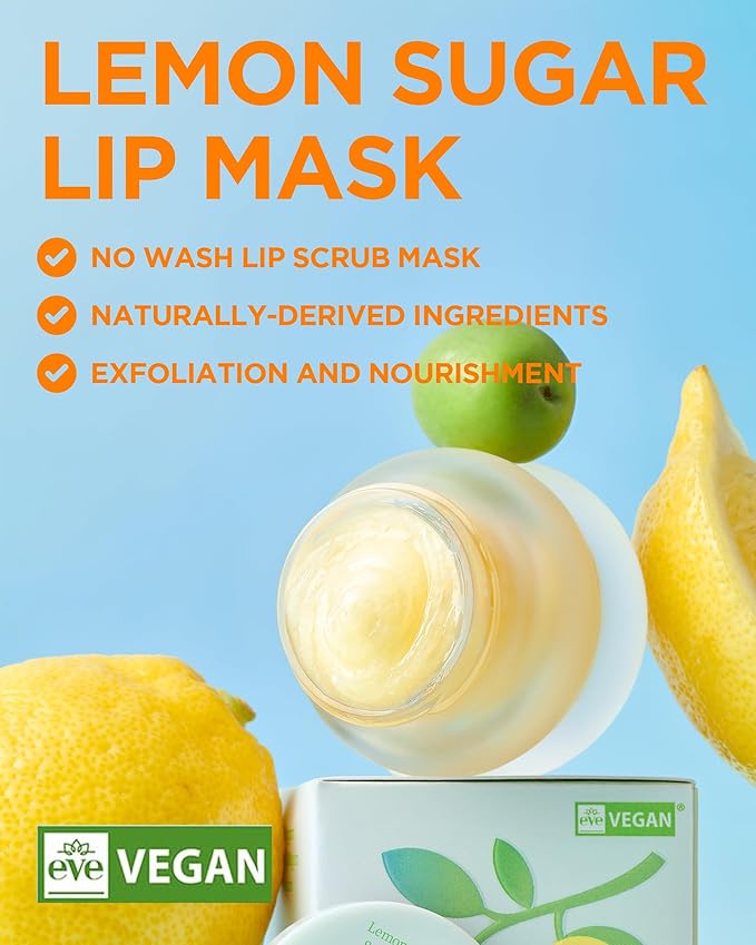 Lemon Sugar Lip Mask – Korean Vegan Lip Scrub & Overnight Exfoliating Treatment for Dry, Chapped Lips – Hydrating, Plumping, Smoothing – Glazed Balm Texture, Non-Sticky, Fragrance-Free, 0.68oz