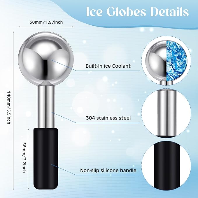 Baderke 2 Pcs Ice Globes for Face Stainless Steel Cooling Globes Unbreakable Cooling Roller Women Ice Balls Cryo Sticks Face Skin Care for Dark Circles, Puffiness(Silver (black Handle))