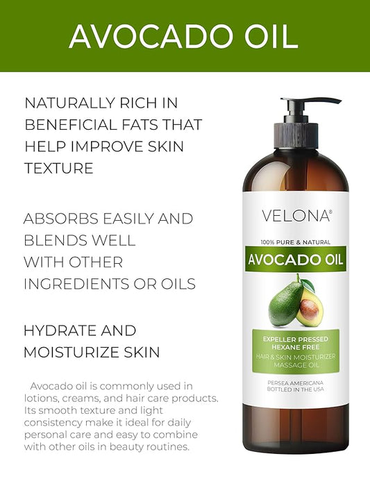 Velona Avocado Oil 16 Fl Oz | 100% Pure and Natural Carrier Oil | Expeller-Pressed | Hair, Body and Skin Care | Use Today - Enjoy Results