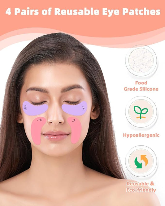 4 Pairs Reusable Under Eye Wrinkle Patches Silicone Mask, Plump Fine Lines & Wrinkles, with Metal Eye Cream Applicator, Tin Case, Purple&Pink