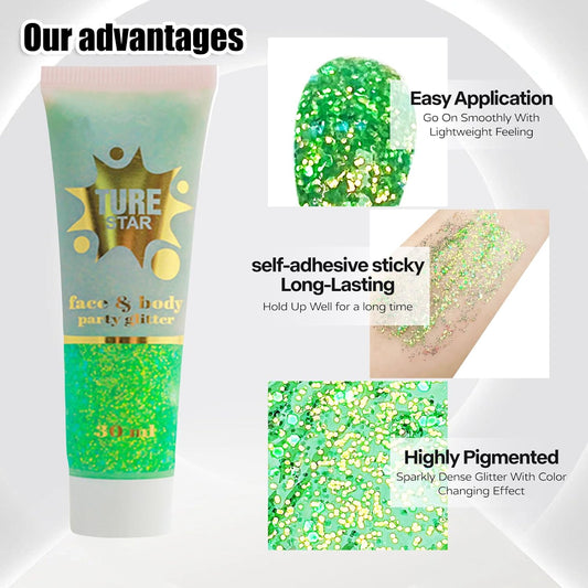 Go Ho Chameleon Green Body Glitter Gel,Color Changing St Patricks Day Face Glitter,Holographic Fine Chunky Sequins Glitters,Reflective Sparkly Festival Rave Accessories