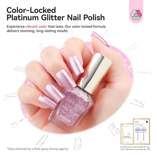 SAVILAND Color Artistry Rose Gold Glitter Nail Polish - 7 Days Shimmer Air Quick Dry Holographic Fingernail Polish, Sparkle Pink High Glossy Home DIY Manicure Gift for Women