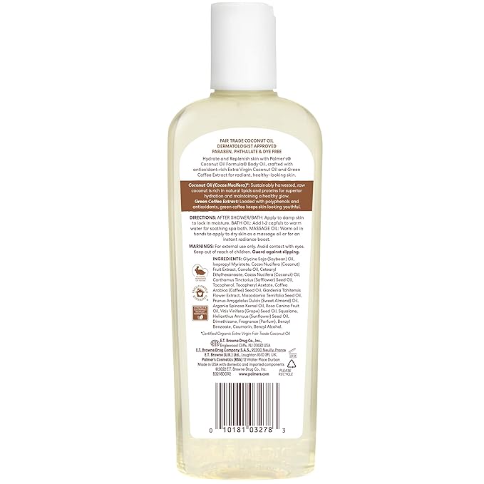 Palmer's Coconut Oil Formula Body Oil, Body Moisturizer with Green Coffee Extract, Bath Oil for Dry Skin, 8.5 Ounces (Pour Cap)