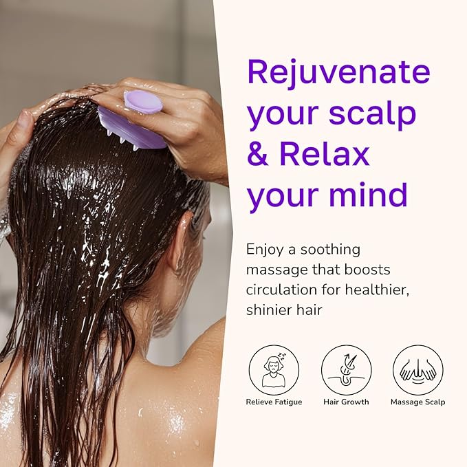 Silicone Scalp Scrubber - Massage Shampoo Brush, Soft Bristles for Hair Growth & Dandruff Removal - Ergonomic Design, Wet & Dry Use, Deep Cleansing Scalp Exfoliator for All Hair Types - Purple