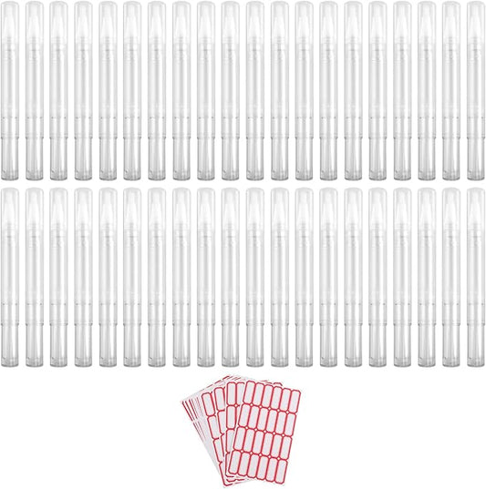 Framendino, 40 Pack 3 Ml Cuticle Oil Pen Empty Transparent Nail Twist Pens with Brush Tip 3 Stickers