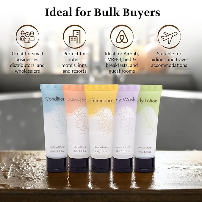 Leak-Proof Travel Size Body Lotion 1.1 Fl.oz/ 30 ml Each 200PCS Bulk Pack of Hotel Lotion Santal and Orange Scent Amenities and Toiletries for Hospitality