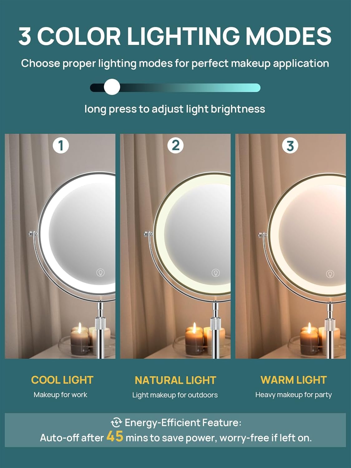 OMIRO 1X/10X Makeup Mirror with Lights,8.5 Inches Double Sided Vanity Mirror with Height-Adjustable Stand,Magnifying Mirror with 3 Color Light(Silver)