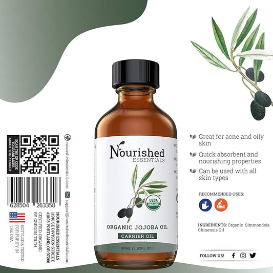 Organic Jojoba Oil -60 ml by Nourished Essentials, 100% Pure Natural Oils for Skin Care, Hair and Nails -Hydrating Carrier Oil for Essential Oils. 2 fl.oz/60ml