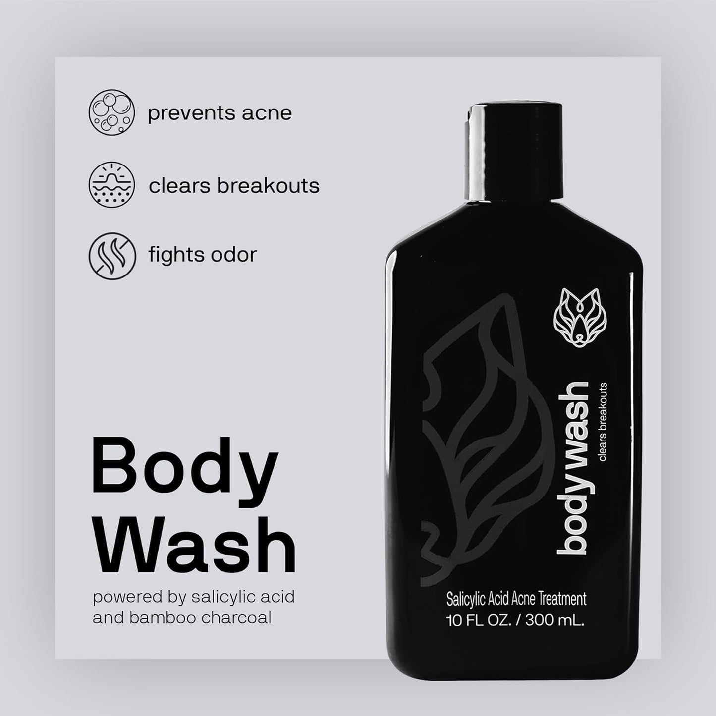 Black Wolf Salicylic Acid Body Wash for Men - 10 Fl Oz Men's Acne Body Wash - Charcoal Helps Reduce Acne Breakouts & Cleanse Your Skin - Full Coverage & Deep Clean Treatment - Men's Bodywash