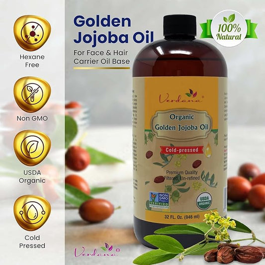 Verdana Organic USDA Certified Organic Golden Jojoba Oil, Cold Pressed, Unrefined, 32 Fl Oz Bulk size - Deepthi Organics