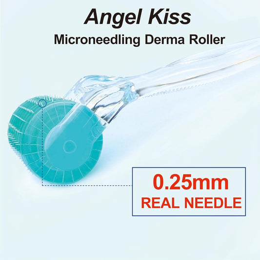Derma Roller Real Needles - Angel Kiss 0.25mm Microneedling Roller with Case - 192 Stainless Steel Micro Needling Dermal Kit for Face, Scalp, Body - At Home Microdermabrasion Roller for Women Men