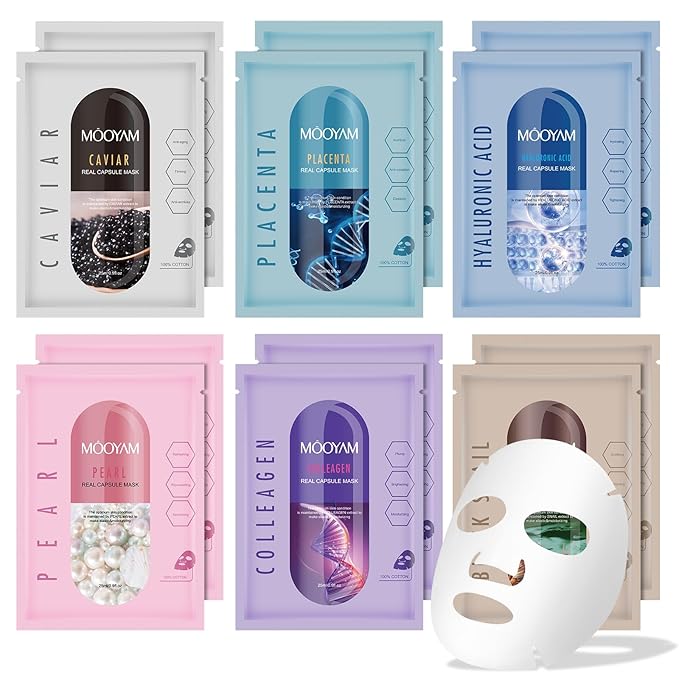 Face Masks Skincare Set for Women,Moisturizing Collagen Facial Masks,Hydrating Hyaluronic Acid Face Mask,Snail Face Mask for All Skin Types,Dry Skin,Oil Skin,Sensitive Skin (6Pack)
