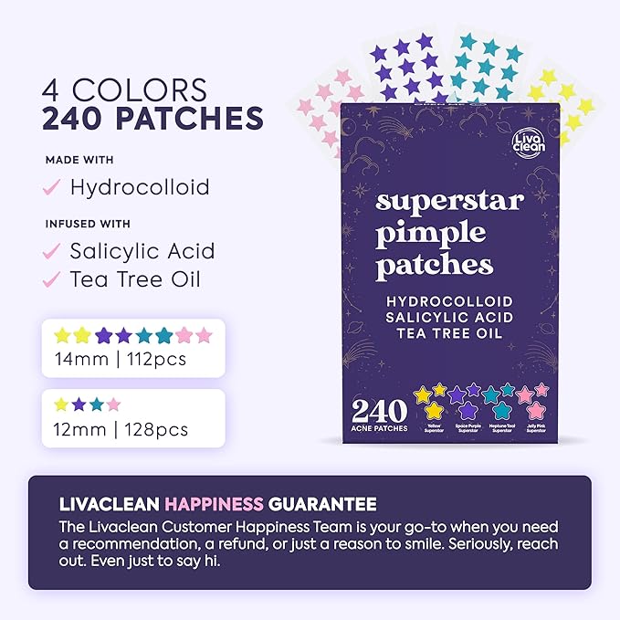 LivaClean Star Pimple Patches for Face w/Hydrocolloid, Salicylic Acid & Tea Tree, 240 Patches, Hydrocolloid Acne Patch, Cute Star Pimple Patch for Healing Stickers Zit Superstar