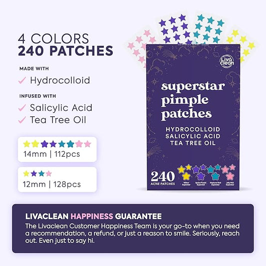 LivaClean Star Pimple Patches for Face w/Hydrocolloid, Salicylic Acid & Tea Tree, 240 Patches, Hydrocolloid Acne Patch, Cute Star Pimple Patch for Healing Stickers Zit Superstar