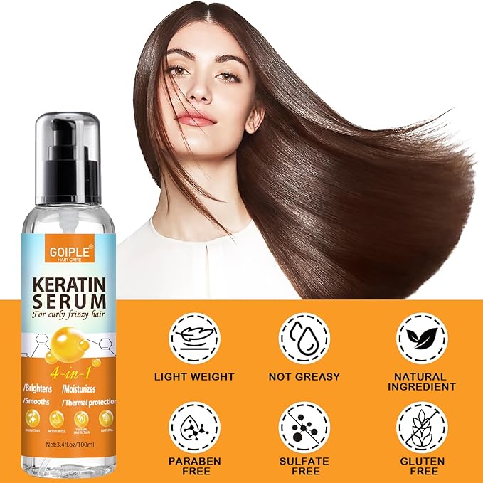 Keratin Hair Serum for - Heat Protectant with Castor Oil Treatment for Frizzy, Dry & Damaged Hair - Nourishes and Repairs Hair for Shine and Softness
